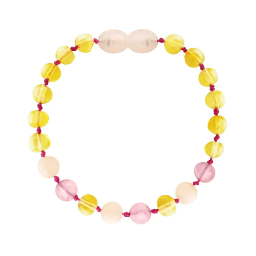 Amberos Barnsteen armband baby/peuter lemon, rose quartz, pink jade